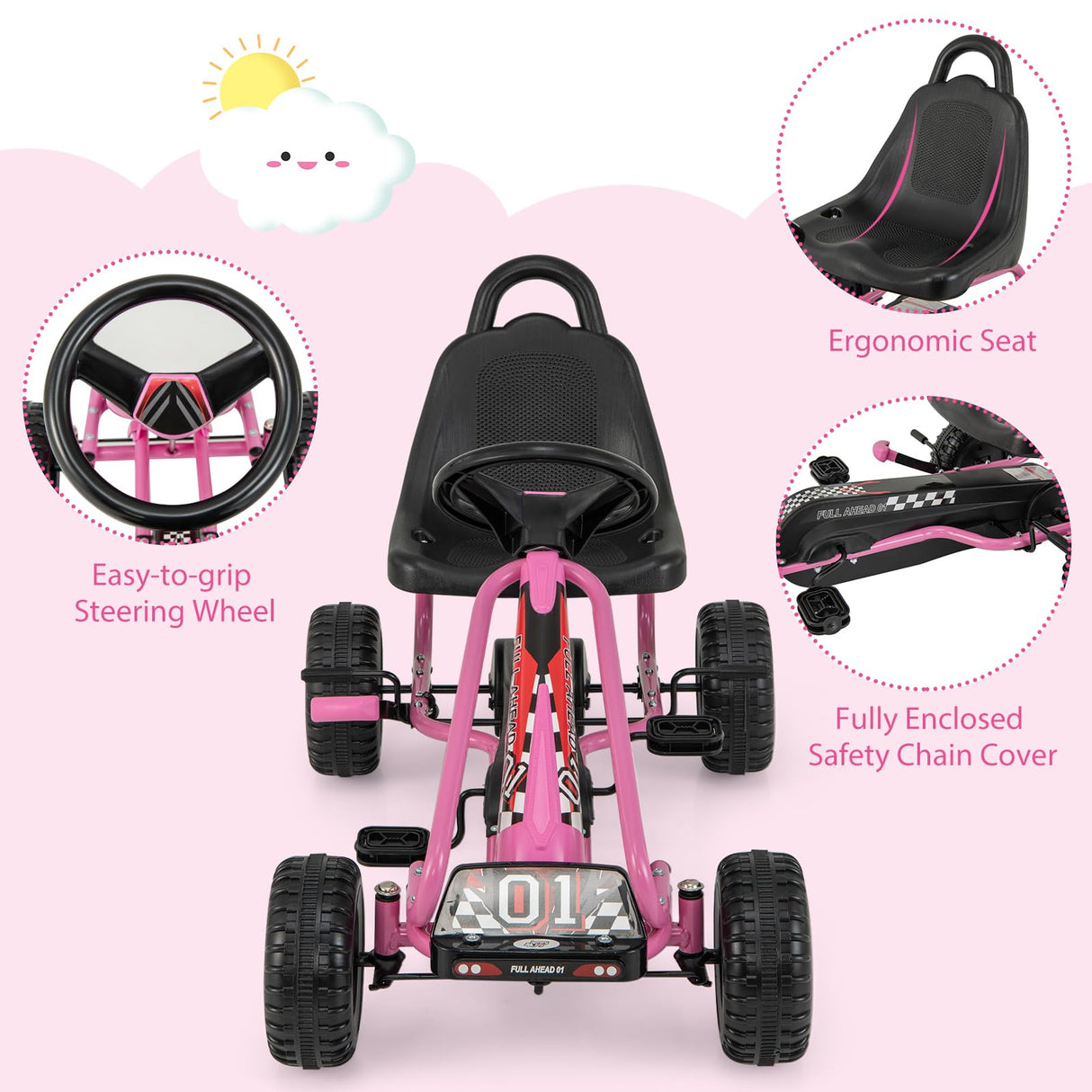 HONEY JOY Pedal Go Kart for Kids, 4 Wheel Pedal Powered Ride On
