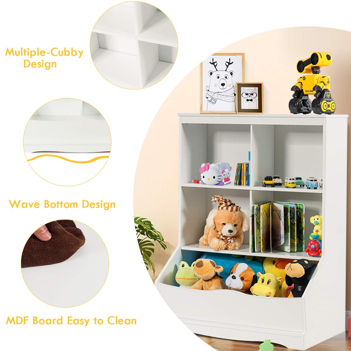 HONEY JOY Kids Bookshelf, 3-Tier Toy Storage Organiser for Children w/4 Open Compartments and 1 Box