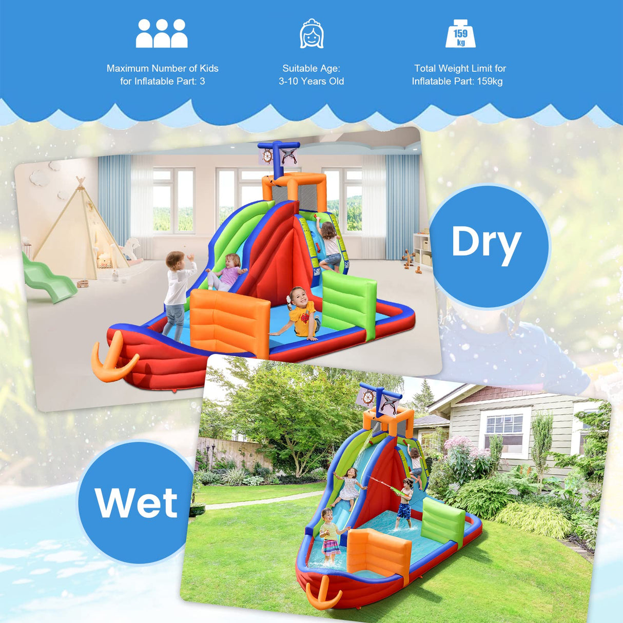 HONEY JOY Inflatable Waterslide, 6-in-1 Pirate Ship Bounce House