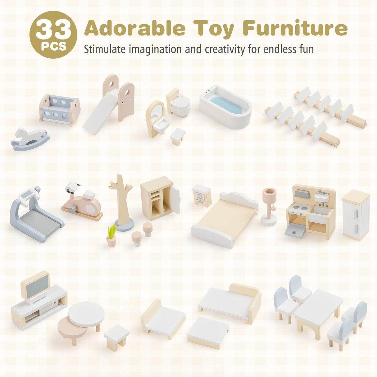 Set of 33 adorable toy furniture pieces on a white background with text highlighting features.