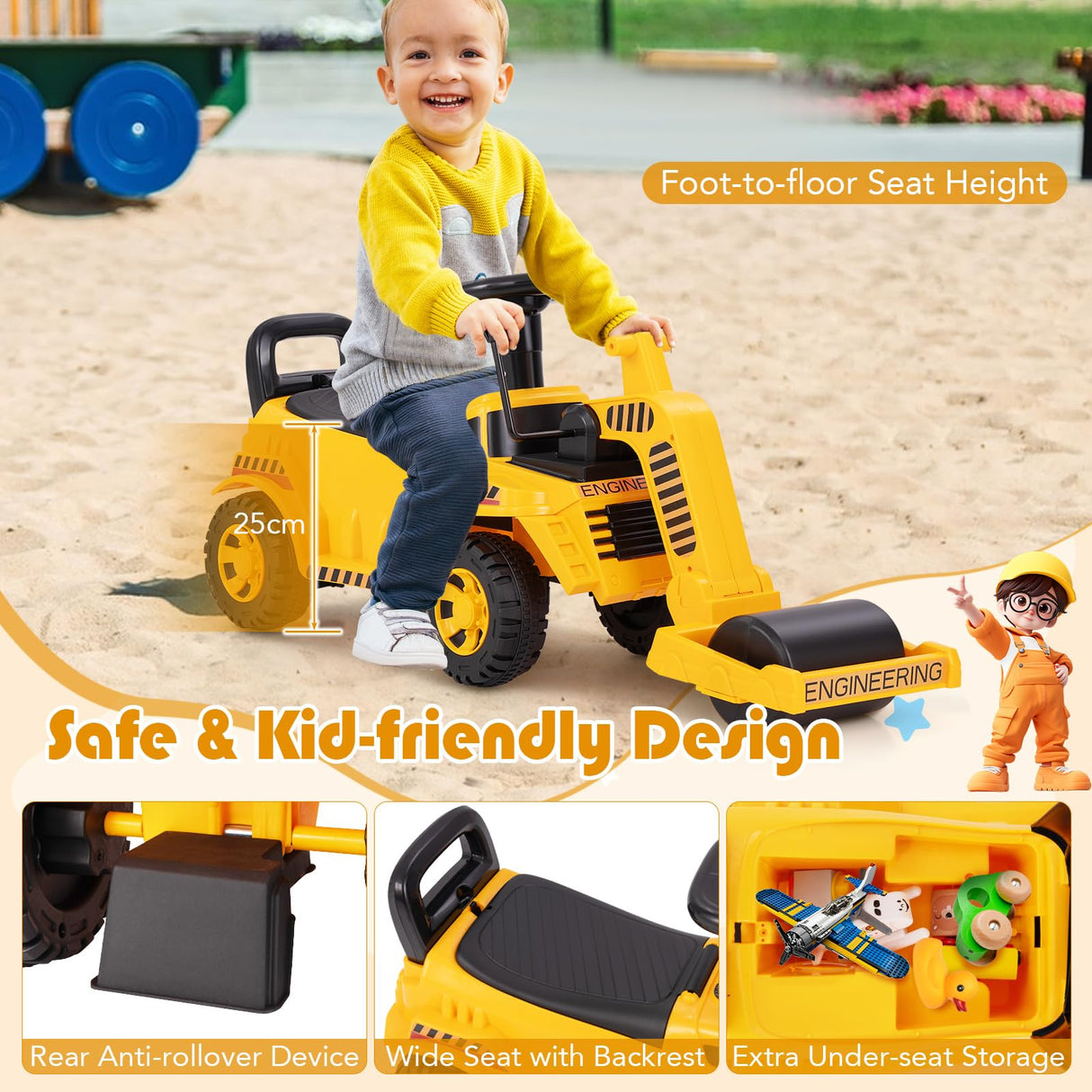 Honey Joy Ride On Road Roller, Toddler Ride On Car with Adjustable Roller