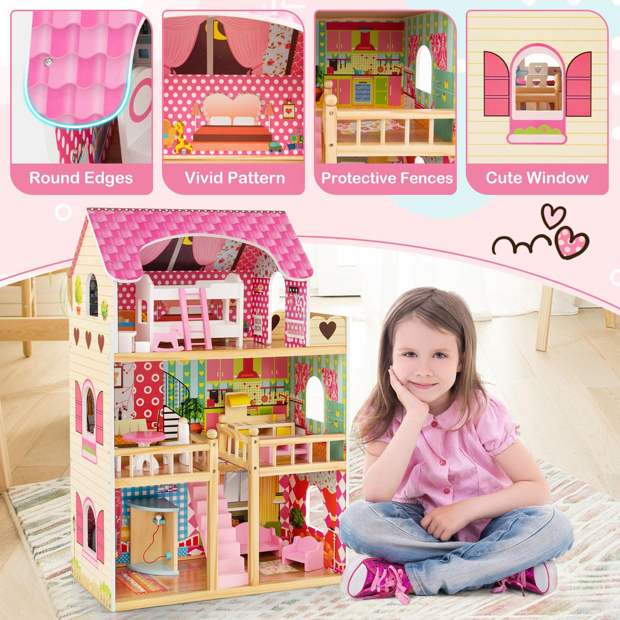 HONEY JOY Kids Wooden Dollhouse Playset w/15 Furniture Accessories