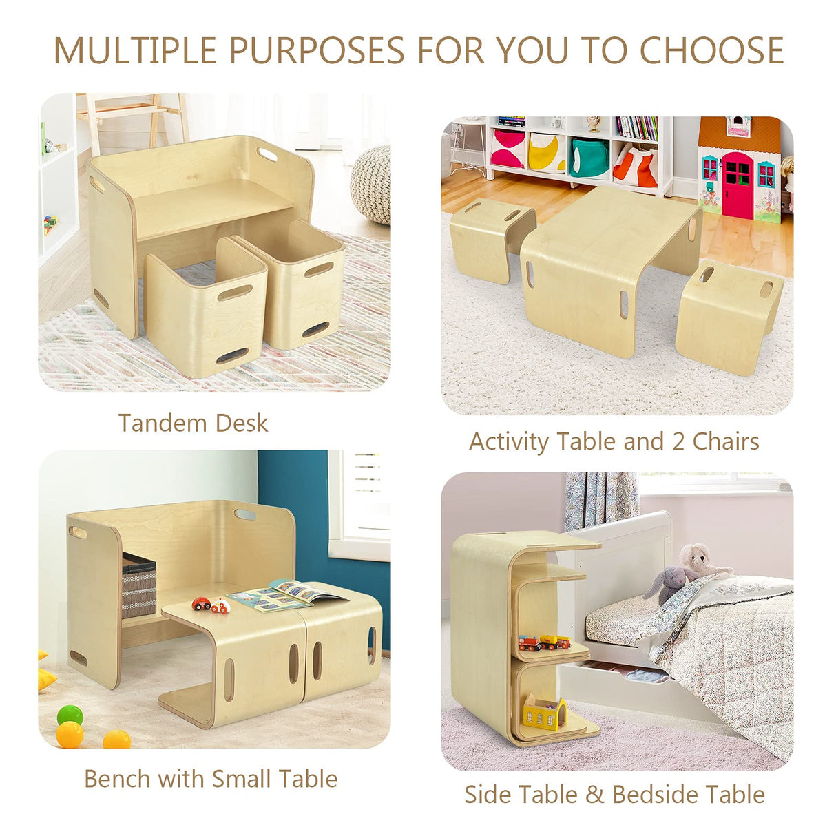 HONEY JOY Kids Table and Chair Set, 3 Pieces Wooden Activity Table Bench w/Storage Shelves