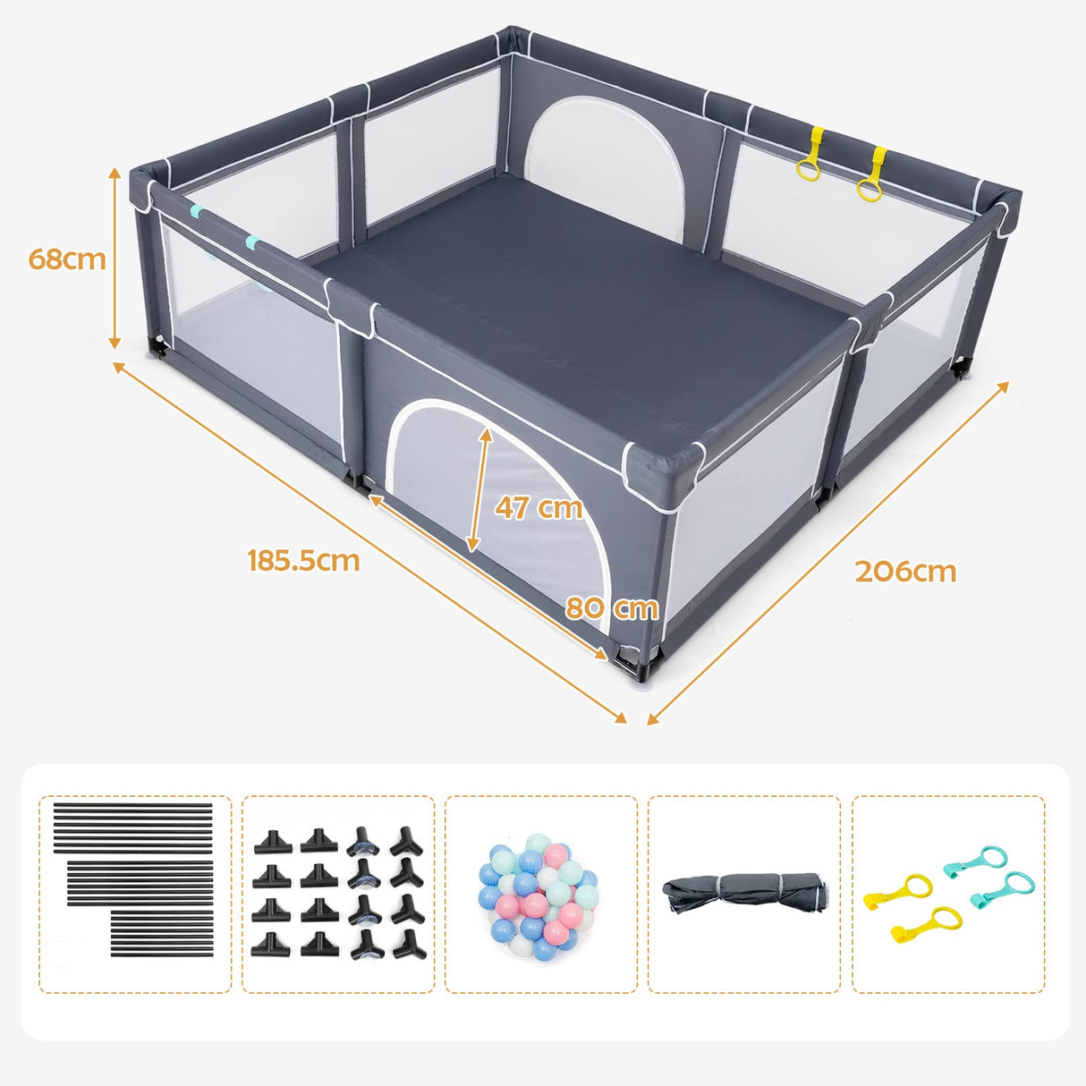 BABY JOY Baby Playpen for Toddler, 206 x 185.5 x 68 cm Large Safety Play Yard with 50 Ocean Balls, 4 Pull Rings