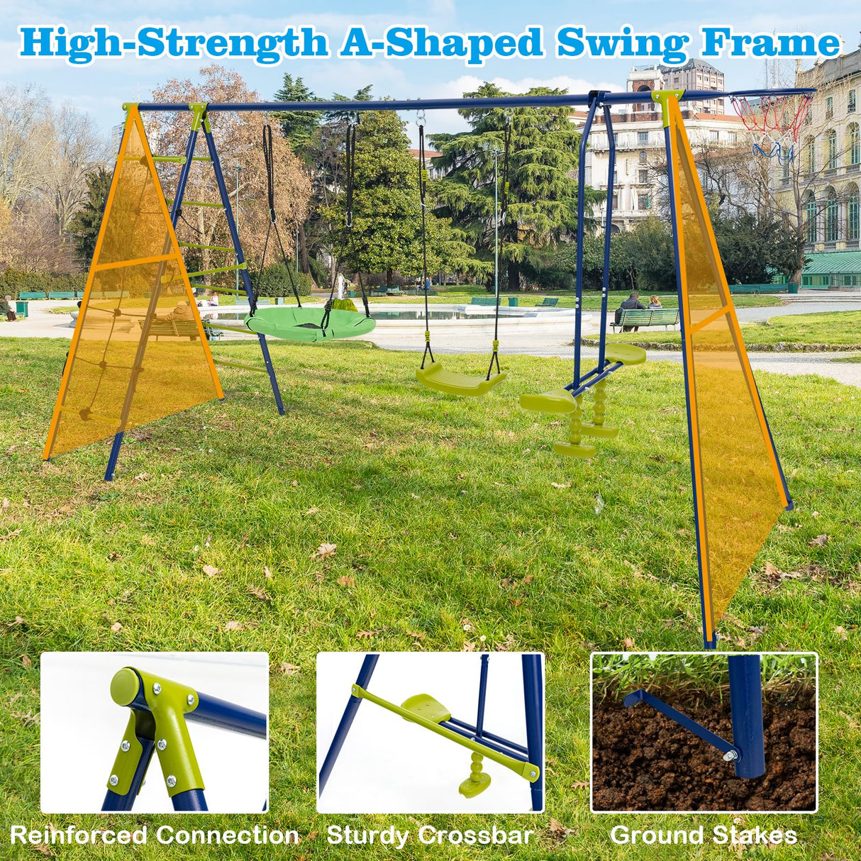 HONEY JOY 6-in-1 Patio Kids Swing Set, A-Shaped Metal Swing Frame