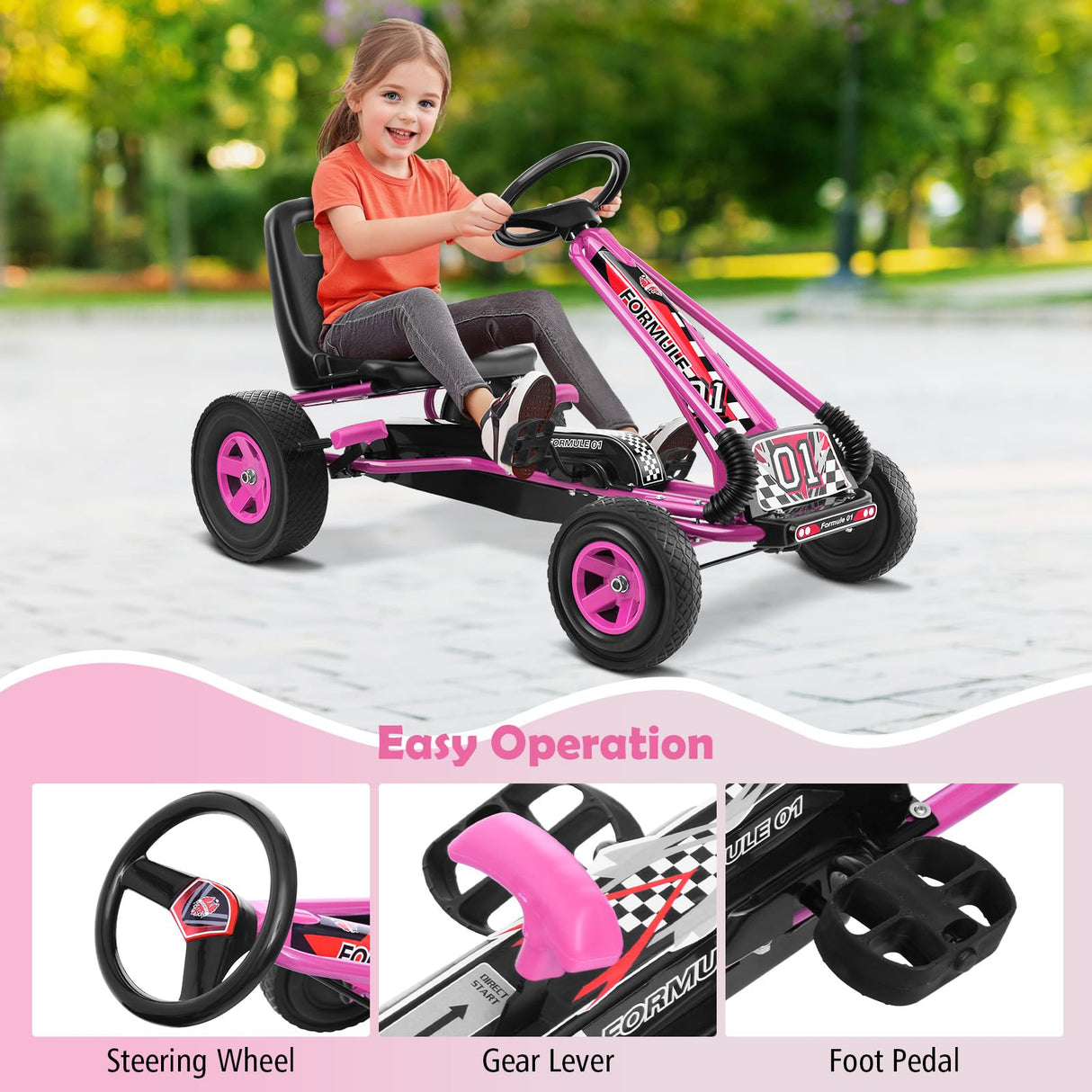 HONEY JOY Kids Pedal Go Kart, 4 Wheel Pedal Powered Ride On Toys