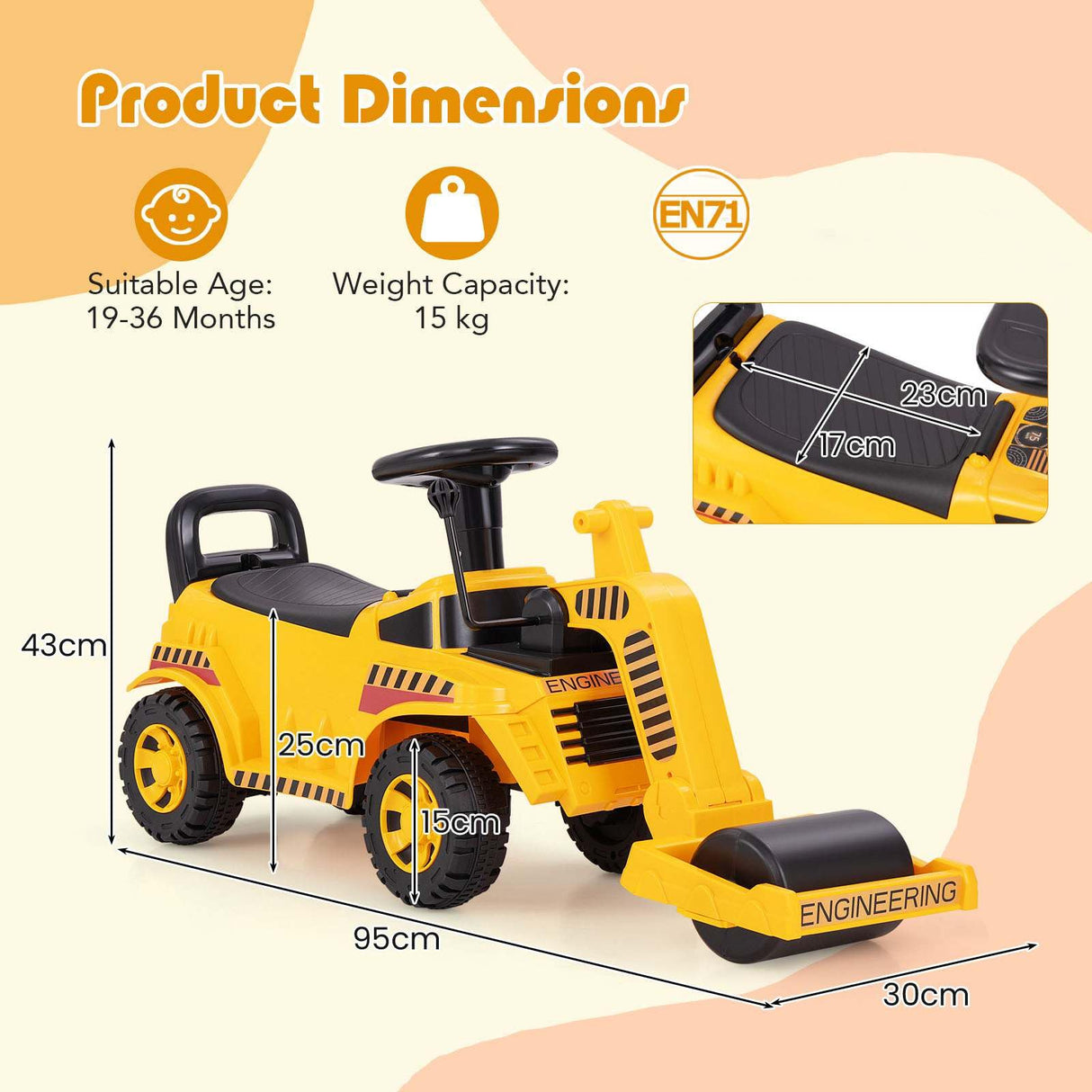 Honey Joy Ride On Road Roller, Toddler Ride On Car with Adjustable Roller