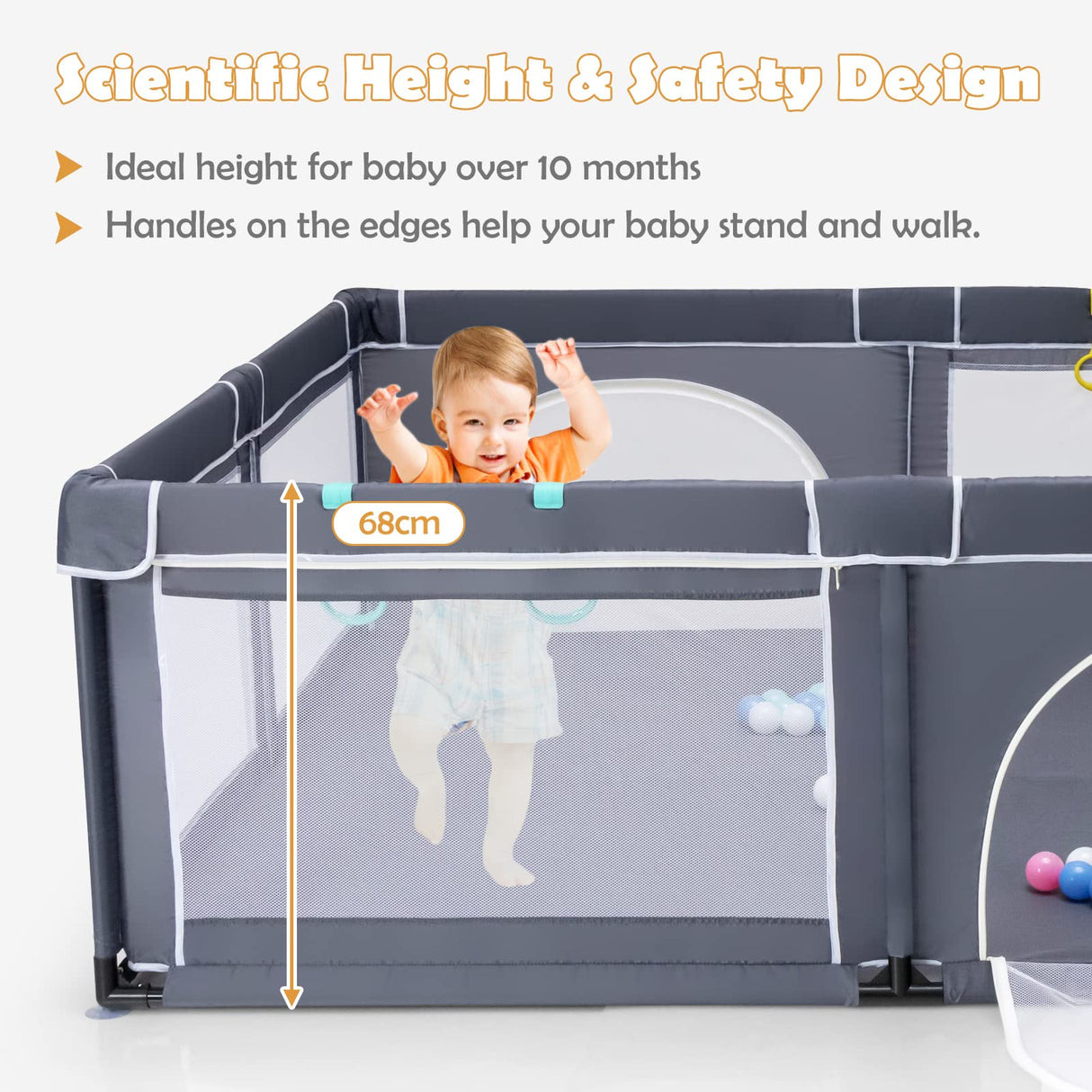 BABY JOY Baby Playpen for Toddler, 206 x 185.5 x 68 cm Large Safety Play Yard with 50 Ocean Balls, 4 Pull Rings