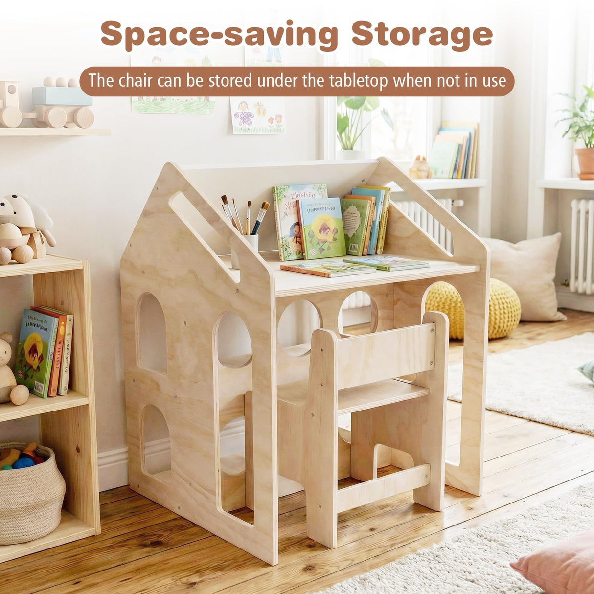 HONEY JOY House-Shaped Kids' Desk w/Chair, 3-in-1 Toddler Art Table Set