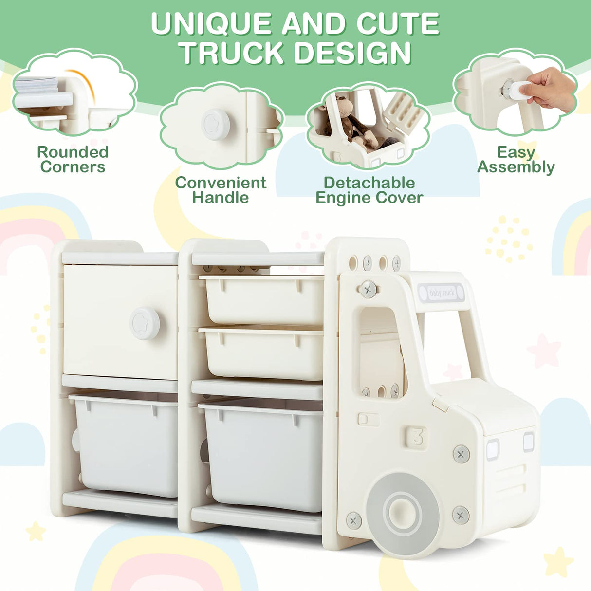 HONEY JOY Kids Toy Storage Organiser with 2 Large Bins, Pull-Out Drawers, Cabinet, Front Store Space