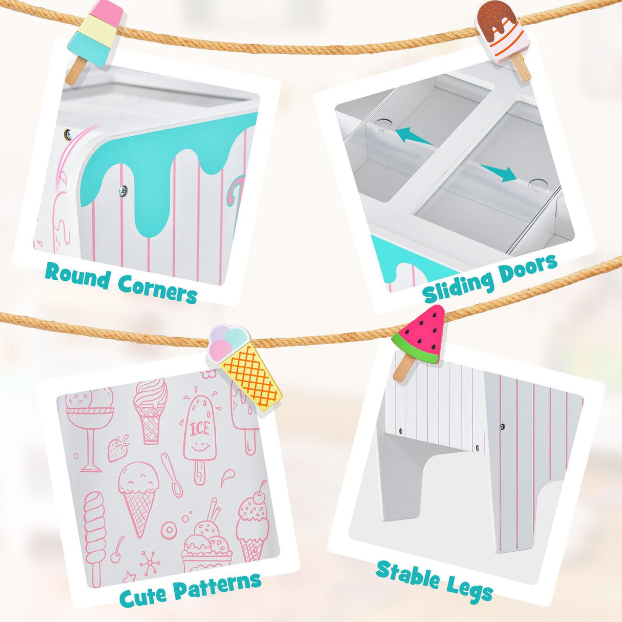 HONEY JOY Wooden Ice Cream Cart for Kids