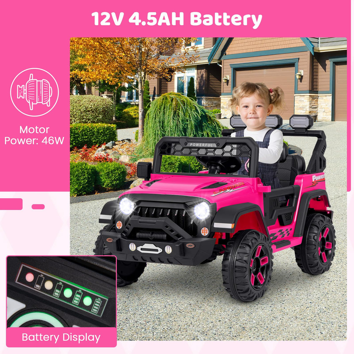 12V Kids Ride on Car Jeep, Electric Toy Truck Car with Remote Control, Dual Motor, Wireless Connection, USB Port