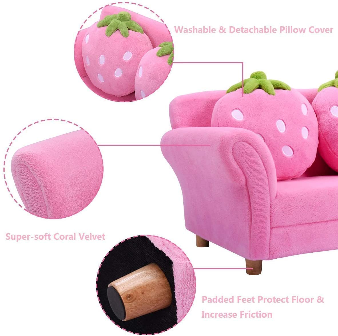 BABY JOY Toddler Couch with 2 Strawberry Pillows, Children Upholstered Loveseat Lounge Bed