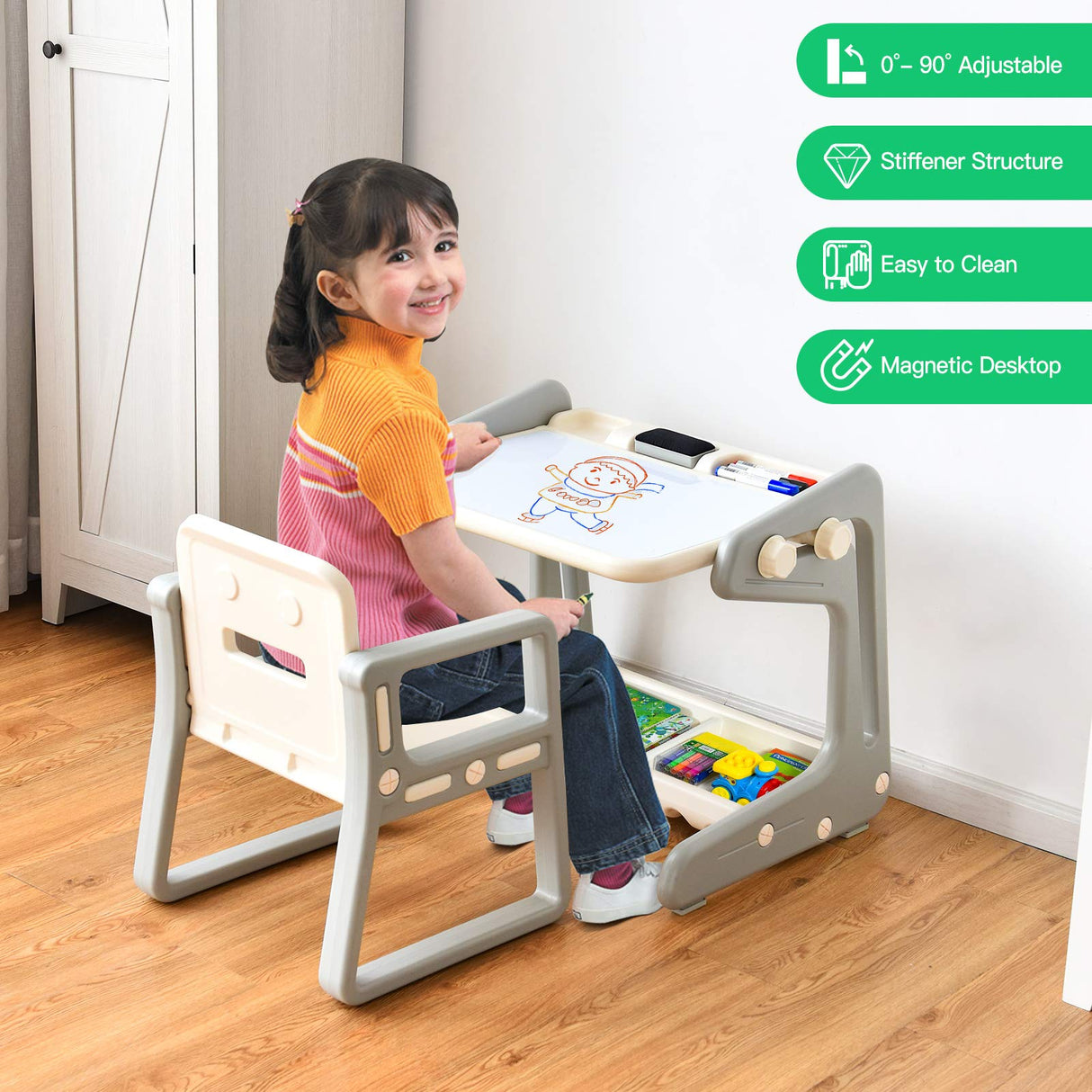 BABY JOY Kids Table & Chair, 2 in 1 Toddler Art Easel