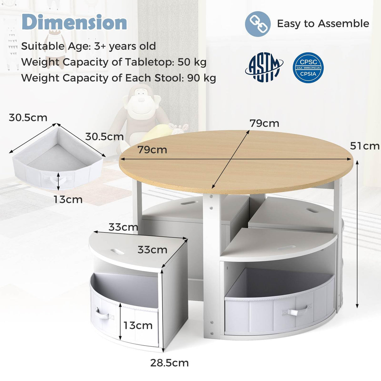 HONEY JOY Kids Table and Chair Set, 5 Piece Toddler Round Nesting Table with 4 Storage Stools for Activity
