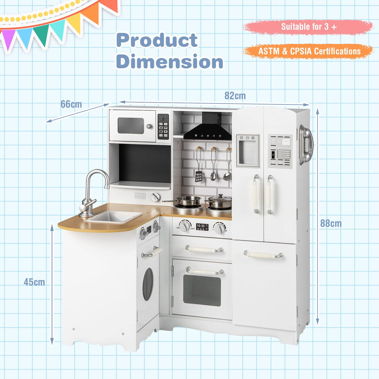 HONEY JOY Kids Corner Kitchen Playset, Wooden Pretend Playset w/Realistic Washing Machine, Microwave Oven