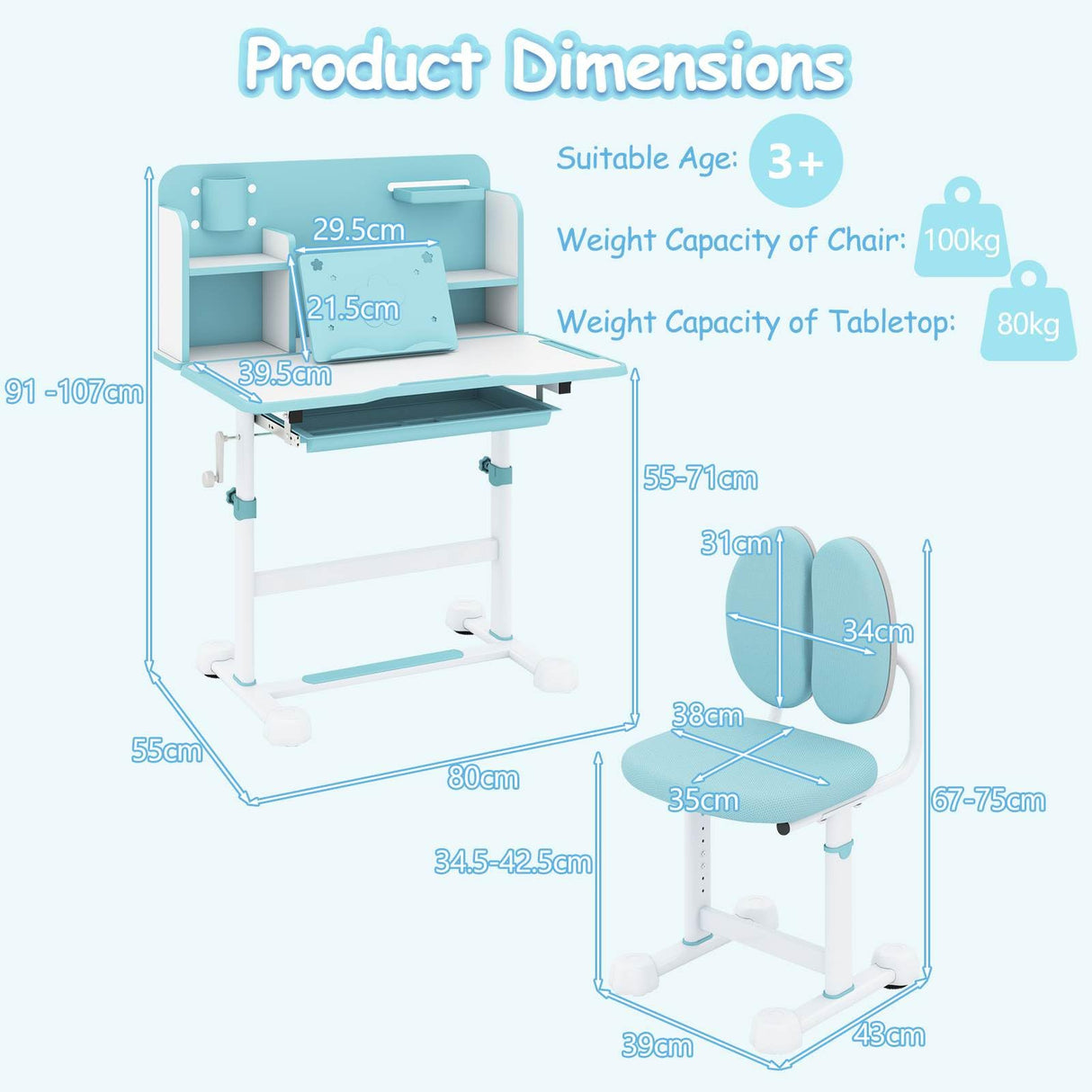 Children's desk and chair set with dimensions and product details on a white background