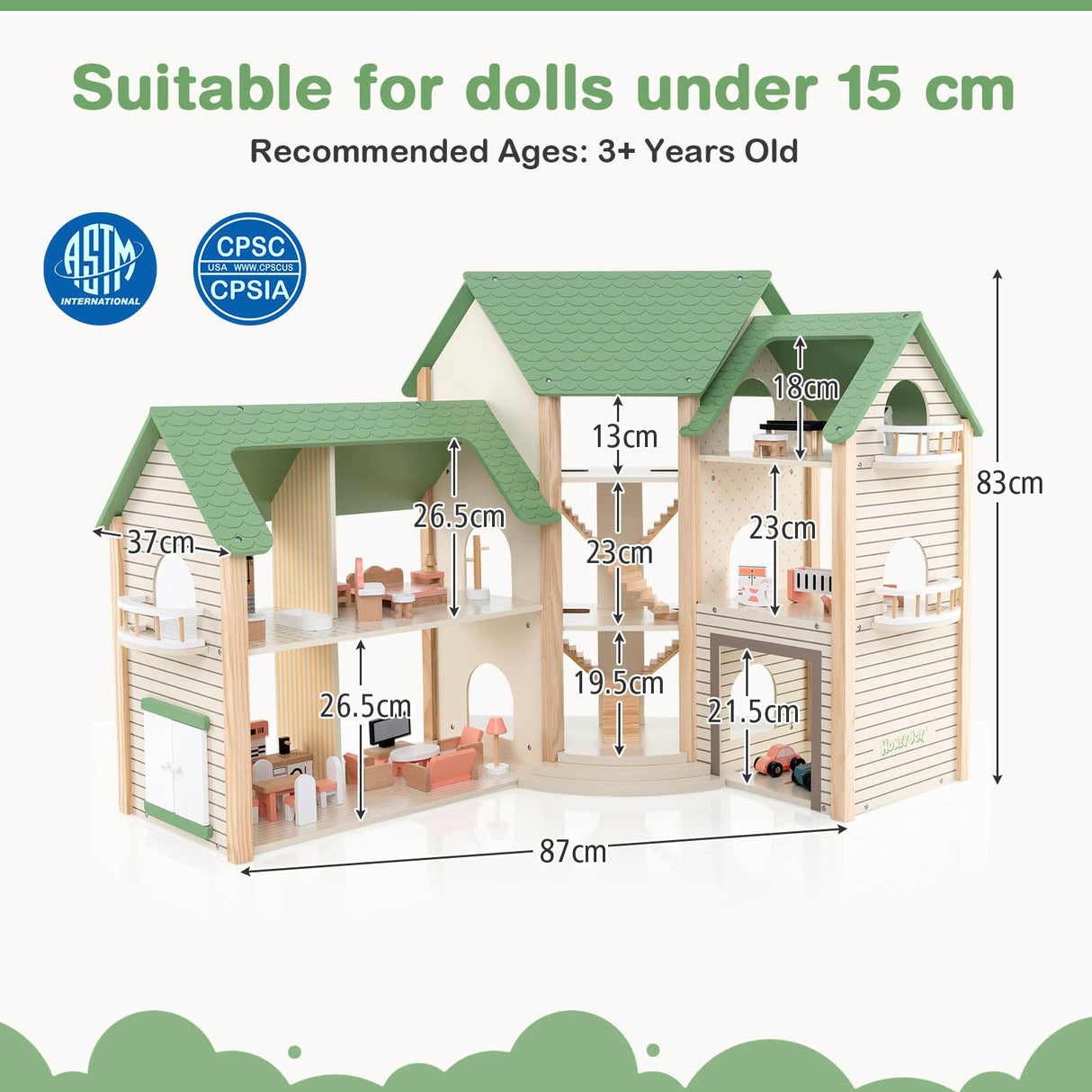 HONEY JOY Wooden Corner Dollhouse Playset, Green Roof Doll House with 34 Pieces of Furniture and Accessories