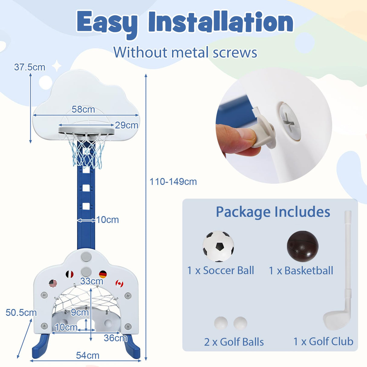 HONEY JOY Kids Basketball Hoop, 3 in 1 Toddler Sports Activity Center