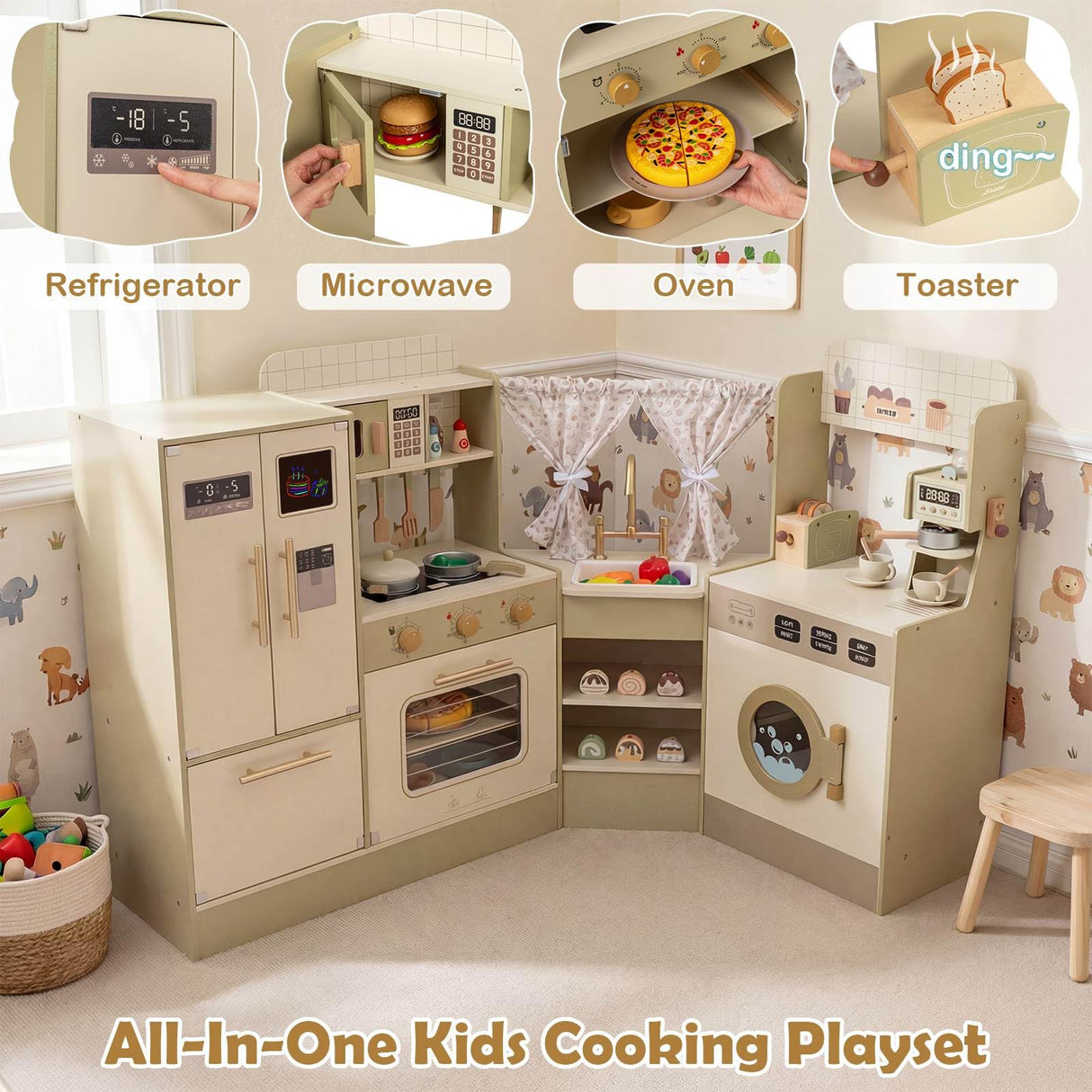HONEY JOY Kids Corner Play Kitchen, Pretend Play Kitchen Playset