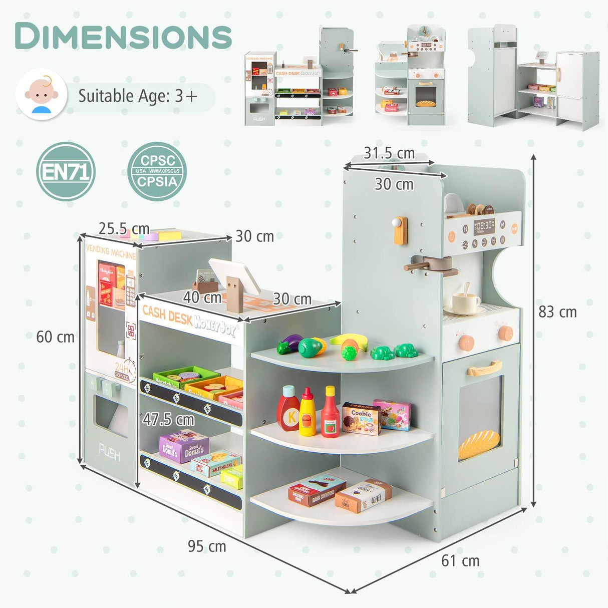 HONEY JOY Kids Grocery Store Playset, Wooden Pretend Play Supermarket w/Vending Machine