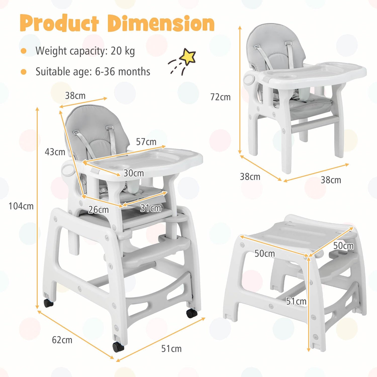 BABY JOY 3-in-1 Baby High Chair, Convertible Feeding Chair Toddler Table Chair Set w/Removable 4-Position Tray, Seat Cushion