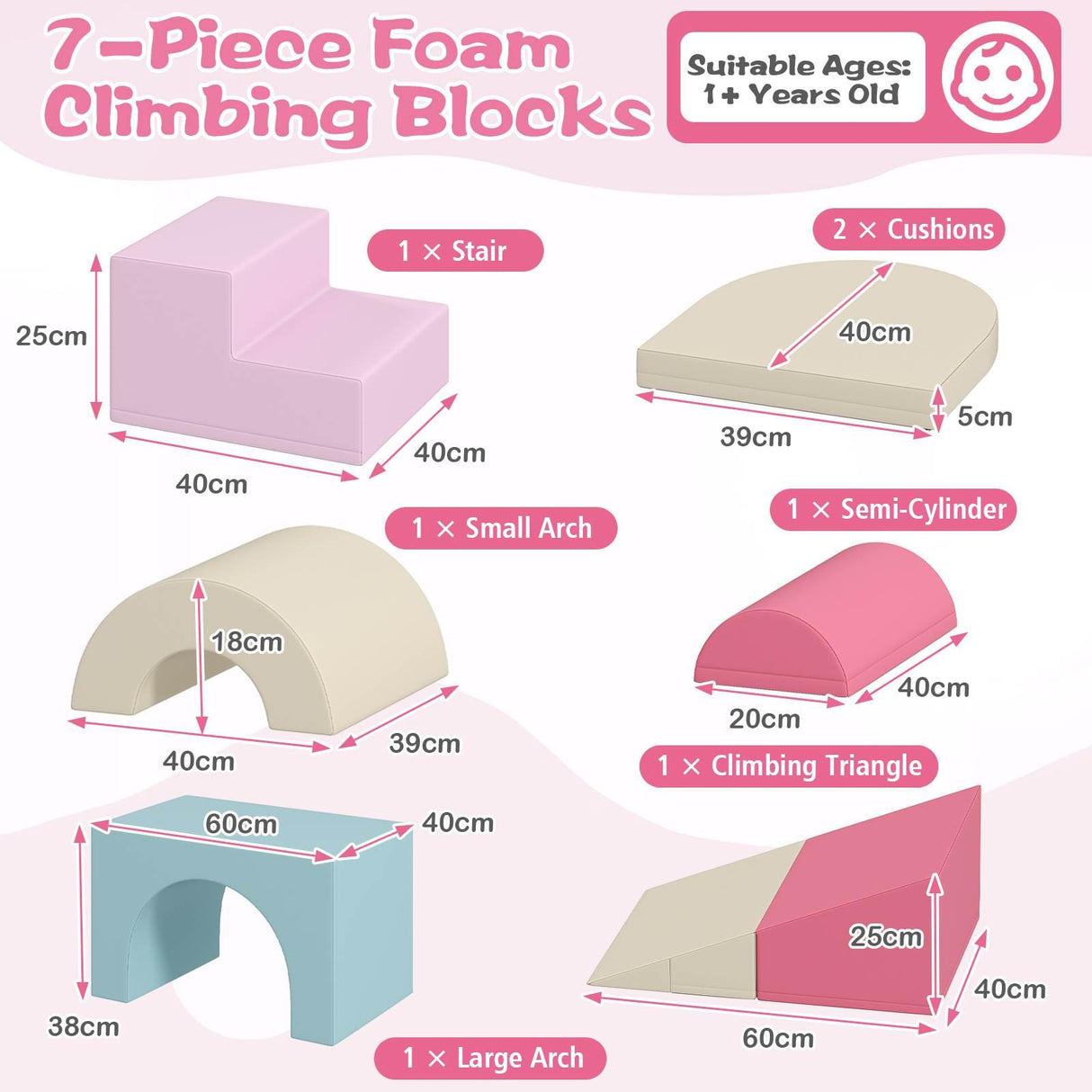 7-piece foam climbing blocks set with dimensions and suitable age range on a pink background