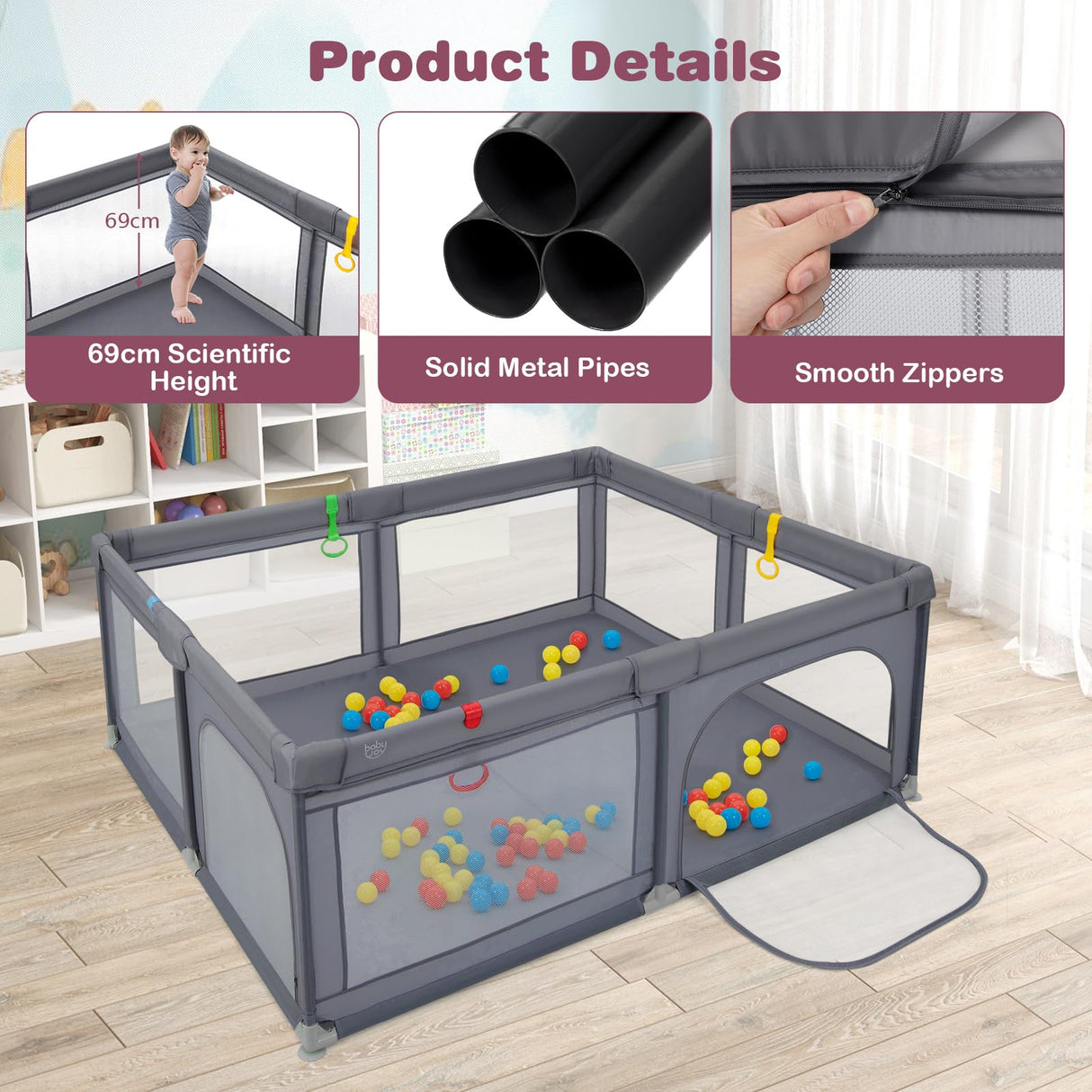 BABY JOY Baby Playpen 185 x 155 x 69 cm Large Play Yard for Infants