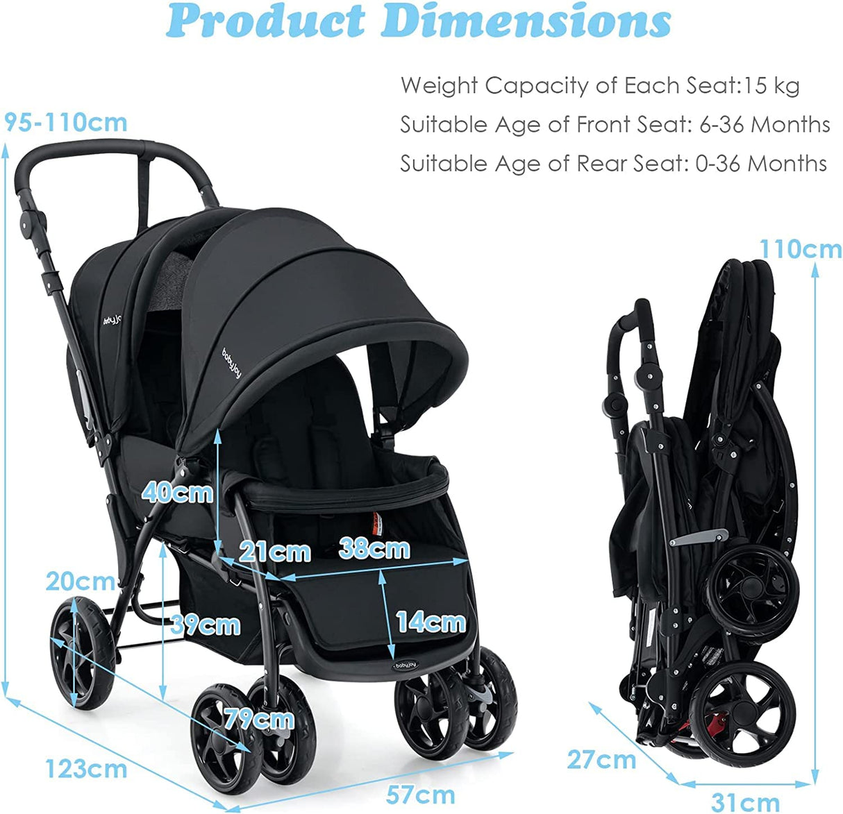 BABY JOY Foldable Tandem Stroller