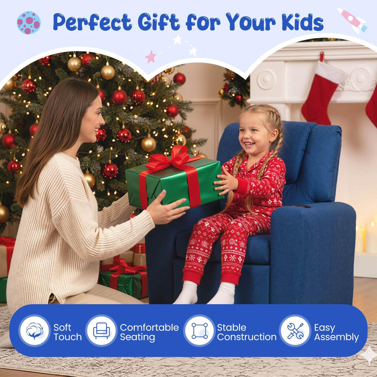 Kids Recliner Chair, PU Leather Push Back Toddler Sofa with Cup Holder