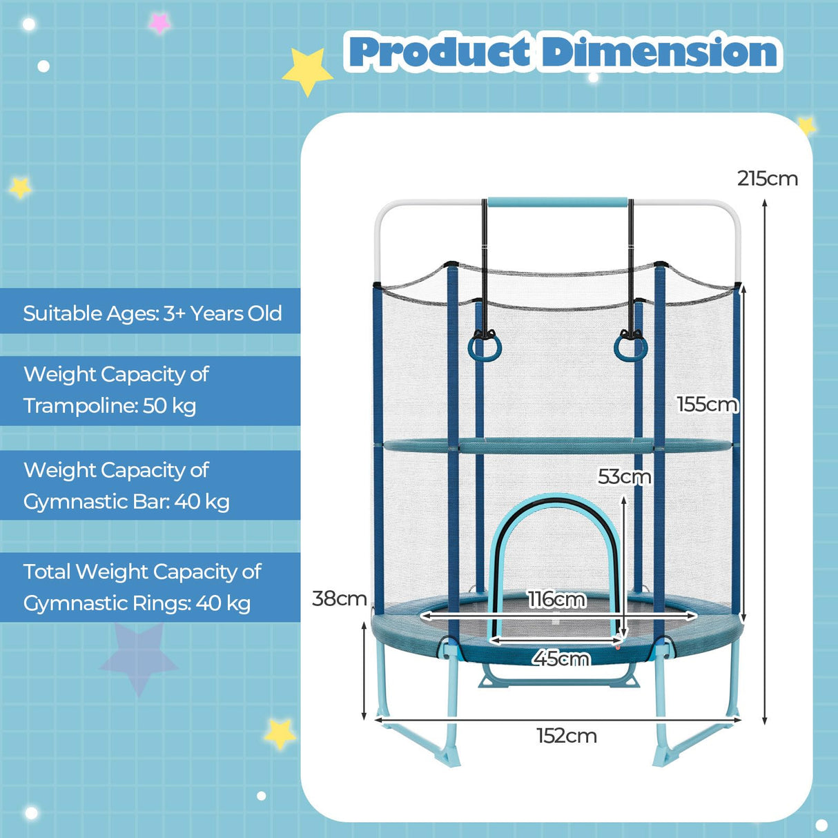 60" Kids Trampoline 5 FT Recreational Trampoline with Gymnastic Bar & Rings Blue