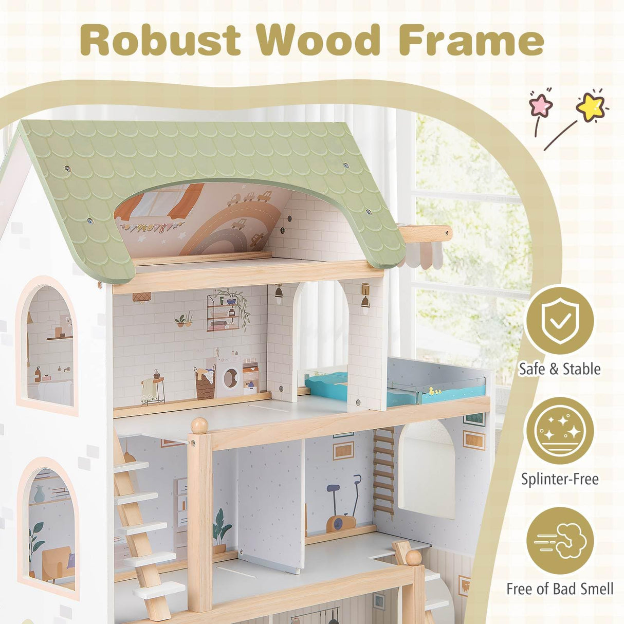 HONEY JOY Wooden Dollhouse, 4-Story Kids DIY Pretend Playhouse