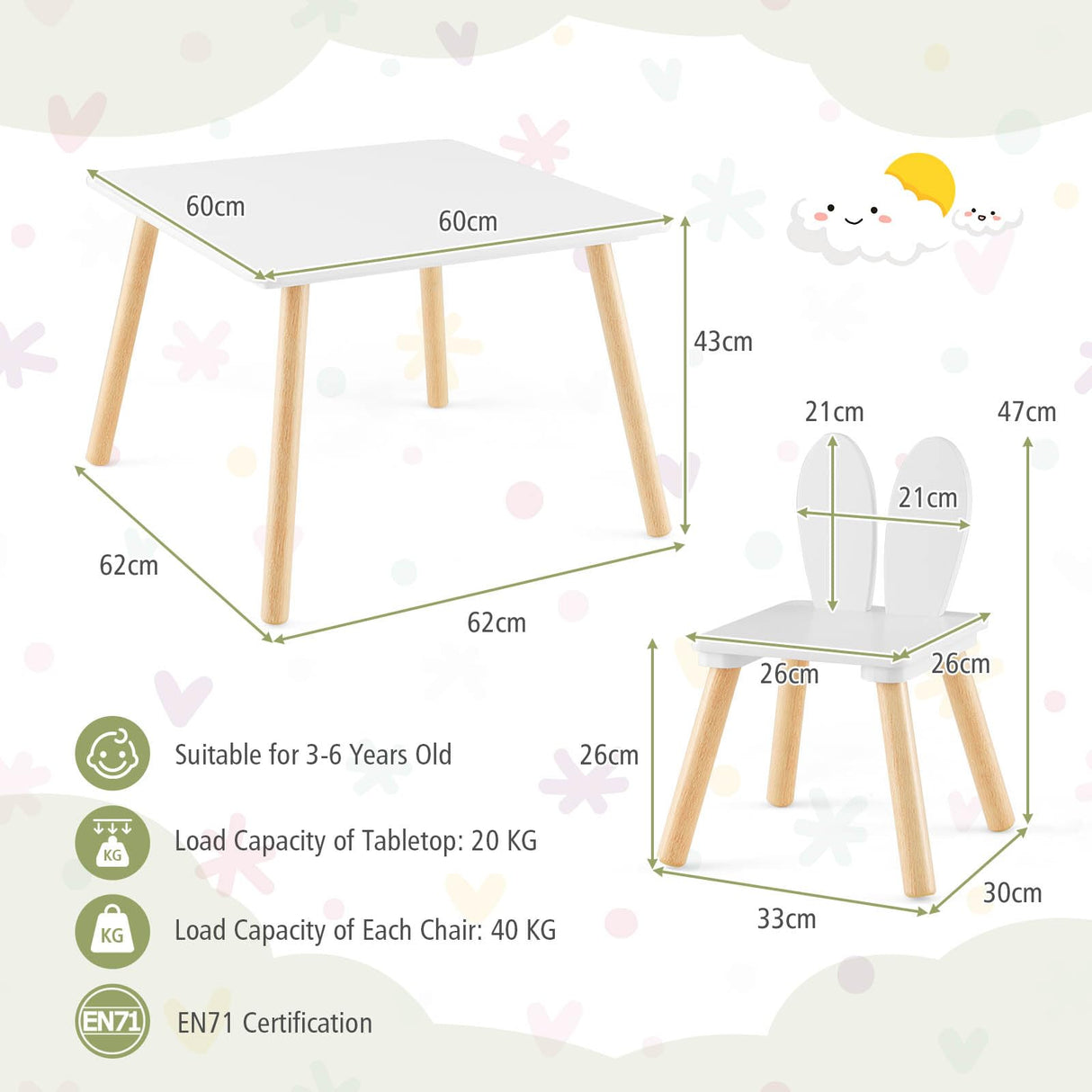 HONEY JOY Kids Table and 2 Chairs Set