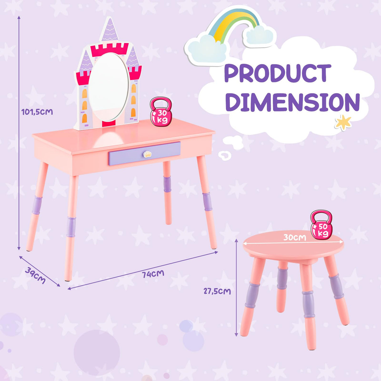 HONEY JOY Kids Vanity Set, Dressing Table for Children with Mirror and Stool, Princess Makeup Table