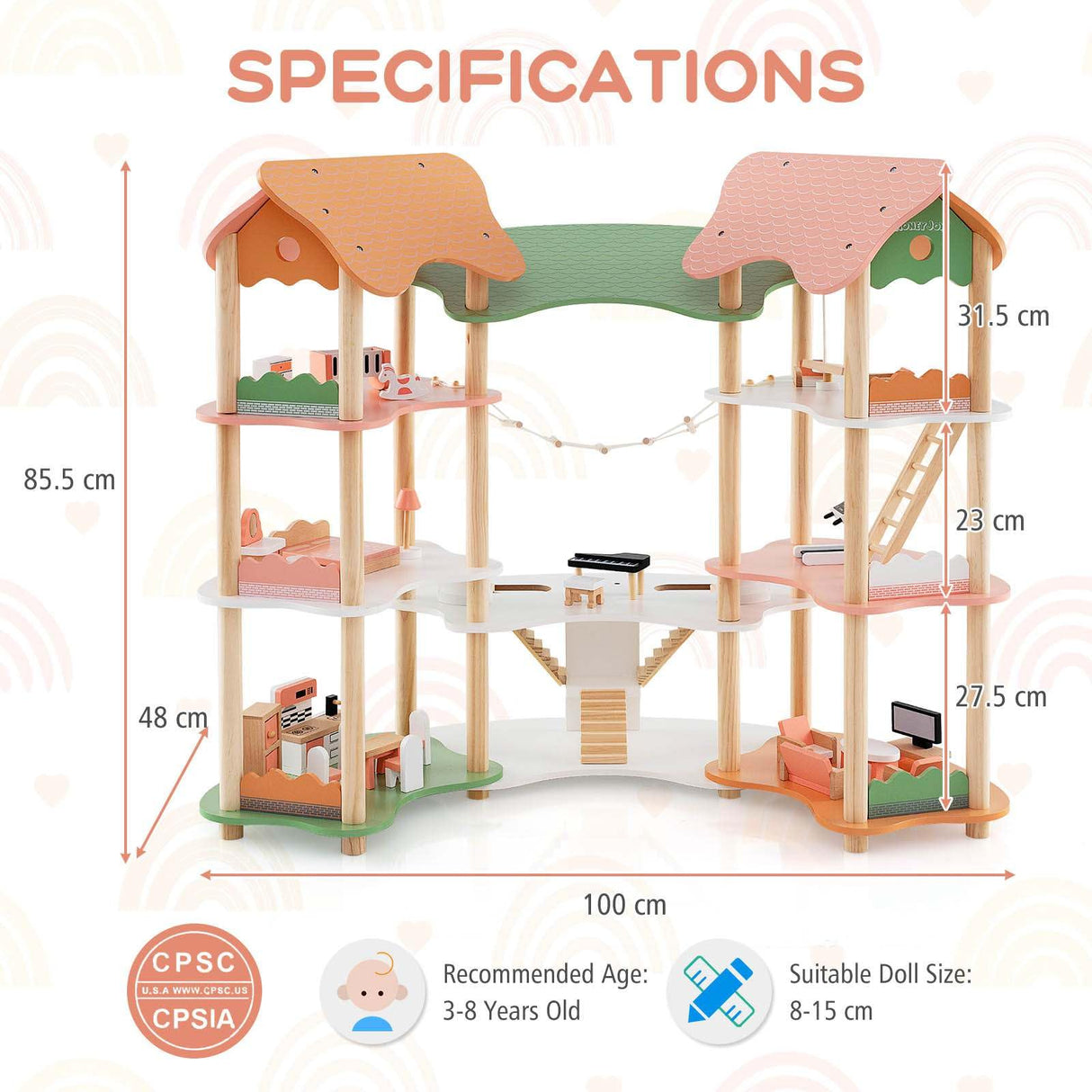 7-Room 3-Tier Doll House w/32PCS Realistic Furniture Accessories