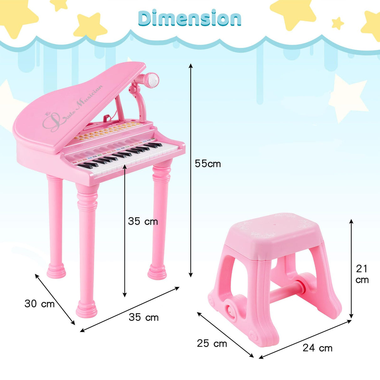 HONEY JOY 31 Keys Kids Piano Keyboard with Stool, Multifunctional Toy Piano with Microphone, Piano Lid (Pink)