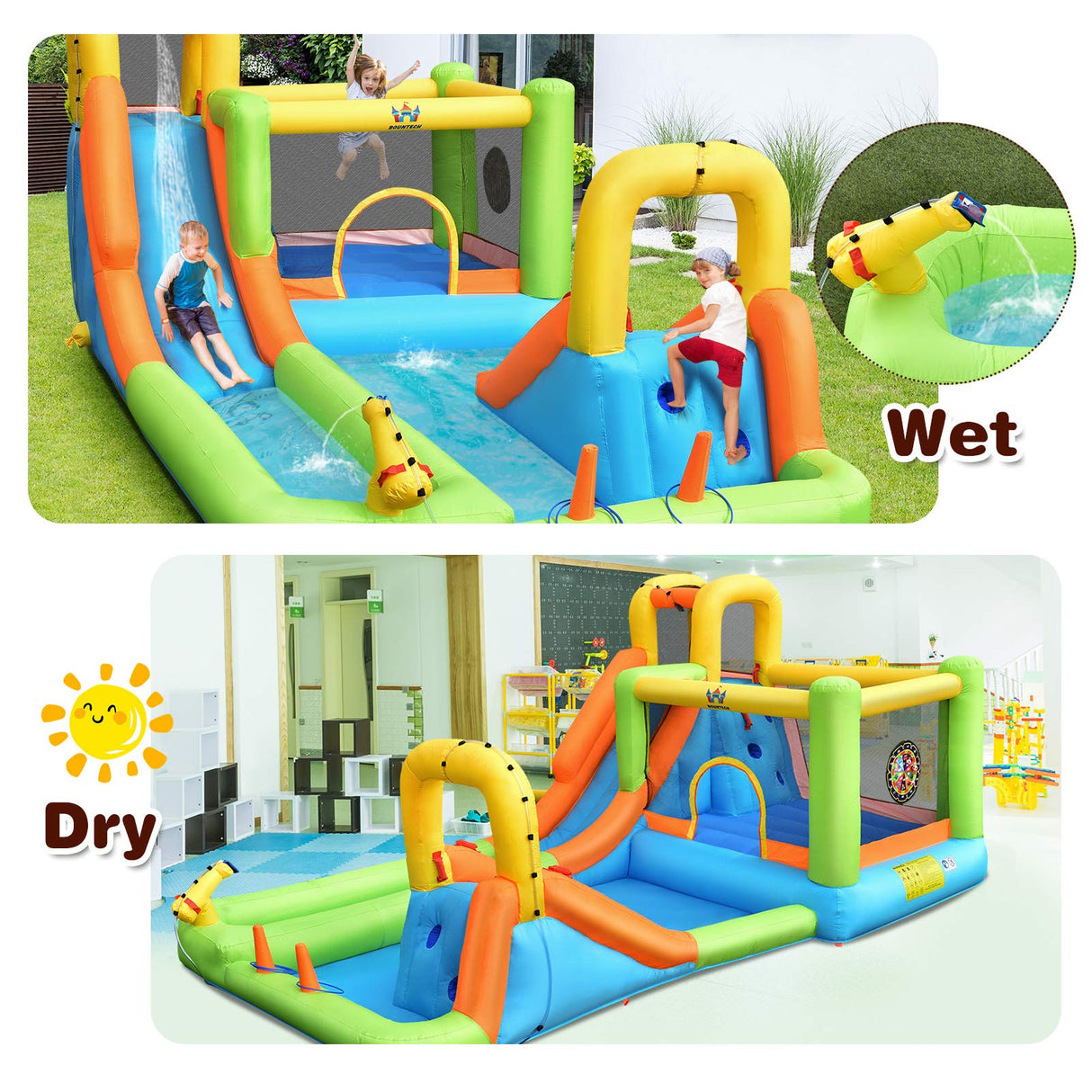 HONEY JOY 8 in 1 Inflatable Water Slide, Water Park w/Double Slides, Basketball Hoop, Water Gun