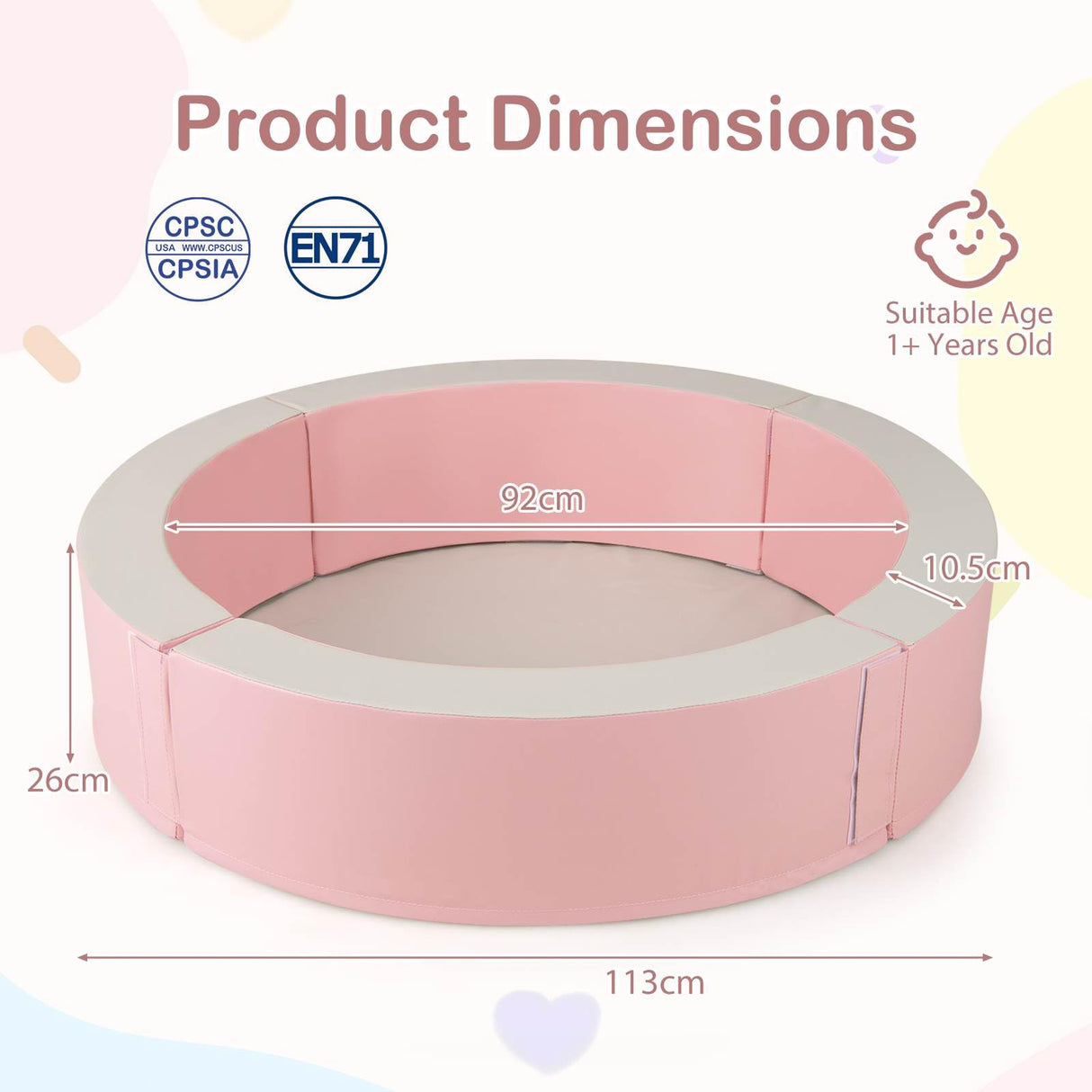 BABY JOY 113 x 26 cm Baby Ball Pit, Detachable Foam Ball Pit with 50 Colorful Ocean Balls