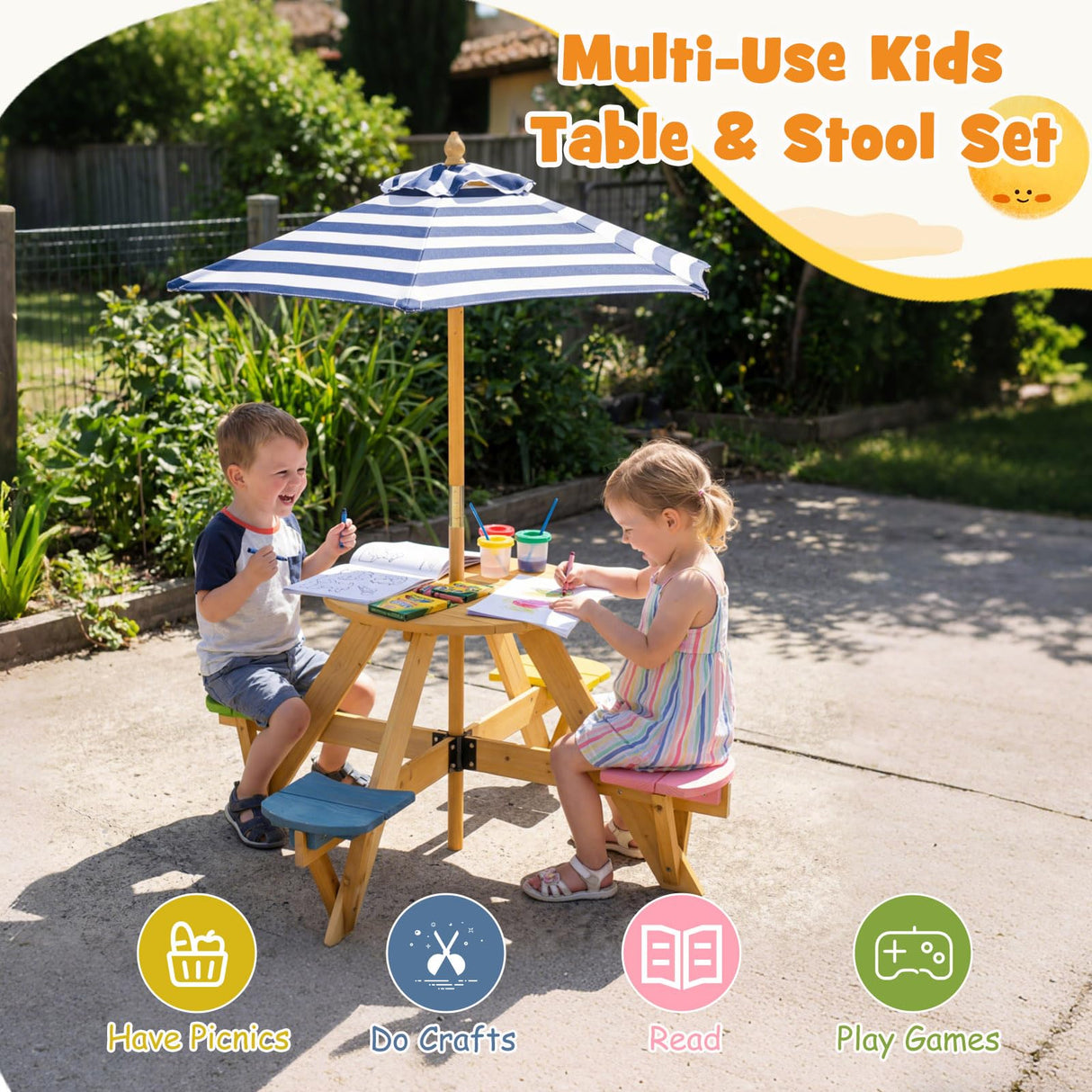 Kids Picnic Table with Stools and Foldable Adjustable Umbrella for Backyard and Patio