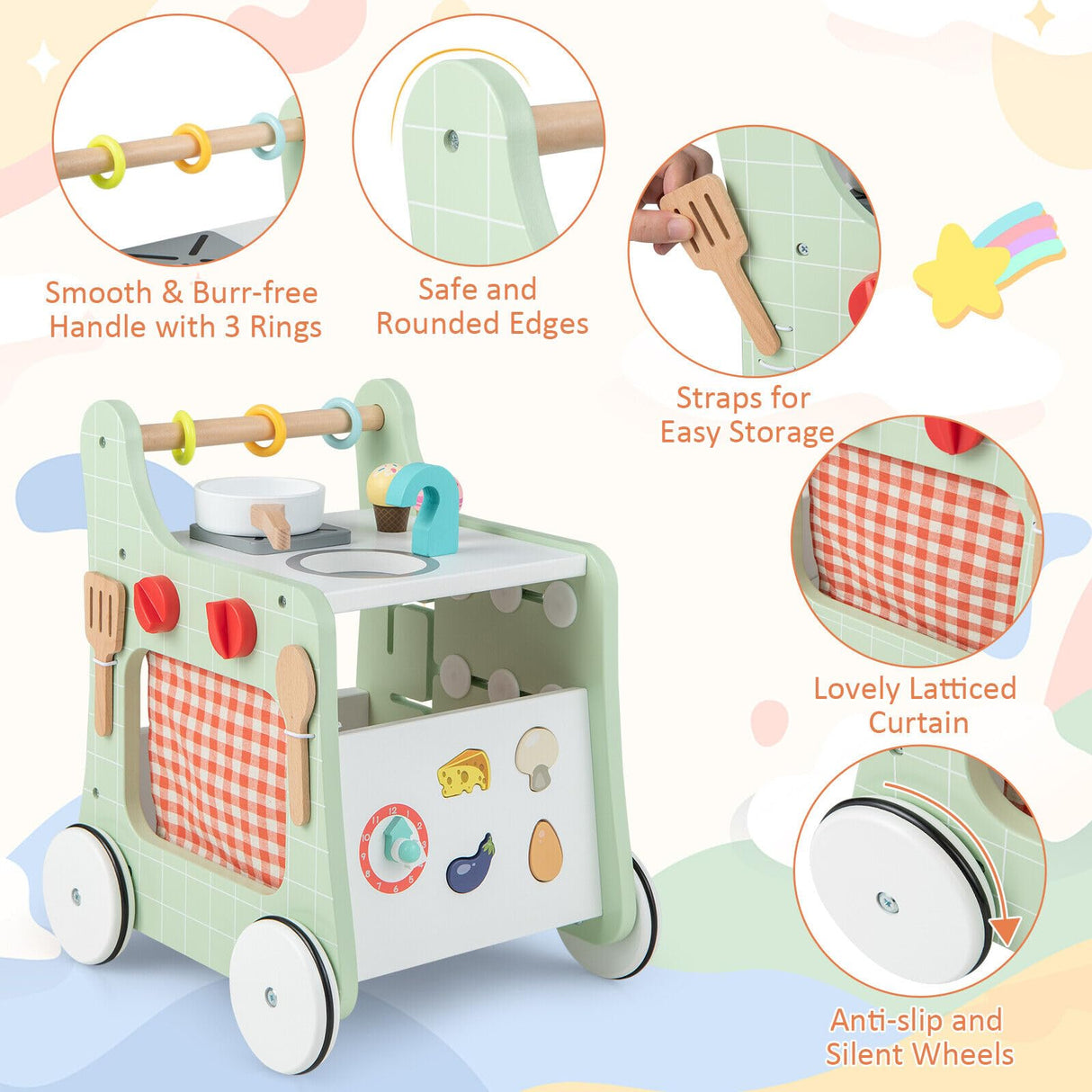 BABY JOY 6-in-1 Wooden Baby Walker, Toddler Push and Pull Learning Activity Center