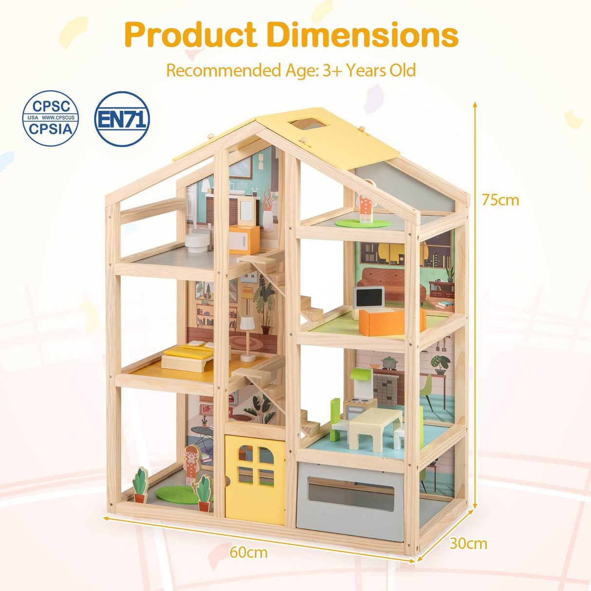 Wooden dollhouse with dimensions and safety certification logos on a white background