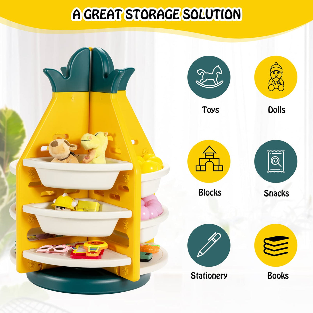 BABY JOY Kids Toy Storage Organiser, 3-Tier 360° Rotating Toy Shelf w/ 8 Bins & 4 Shelves
