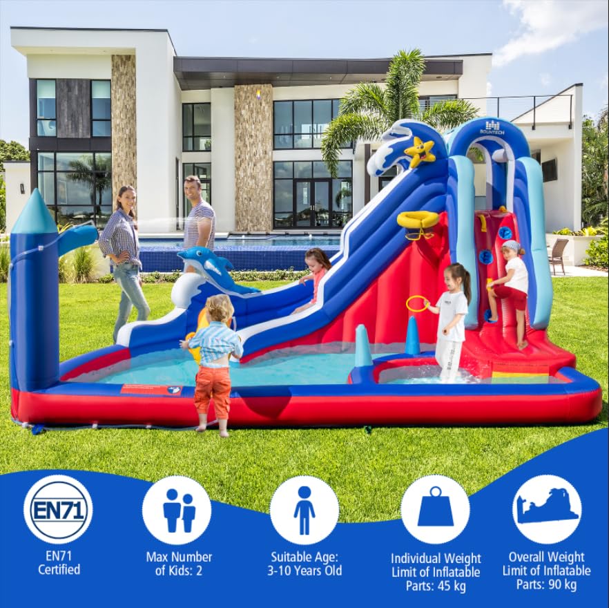 HONEY JOY Inflatable Water Slide, Dolphin Theme Kids Bounce House Water Park w/Long Slide, 2 Splash Pools with 680W Blower