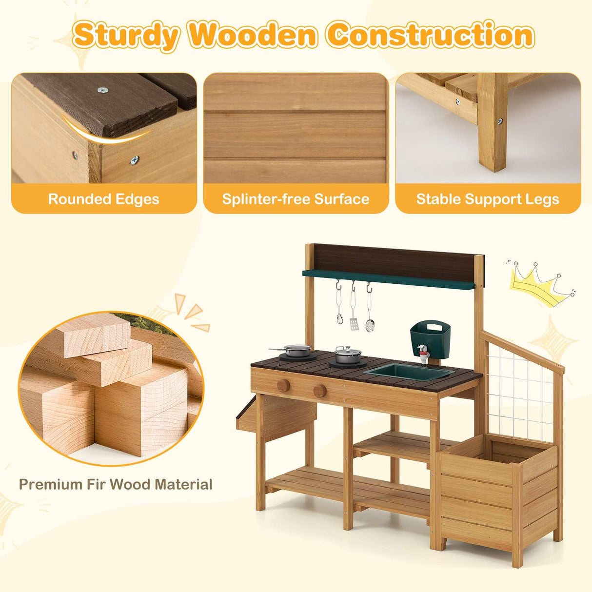 Wooden play kitchen set with sturdiness features highlighted on a white background