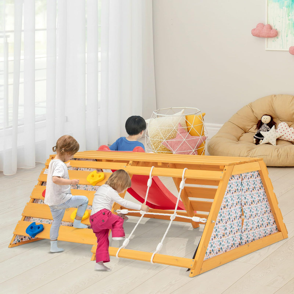 HONEY JOY 5-in-1 Jungle Gym, Wooden Indoor Playground with Slide, Rock Climbing Wall & Rope Wall Climber