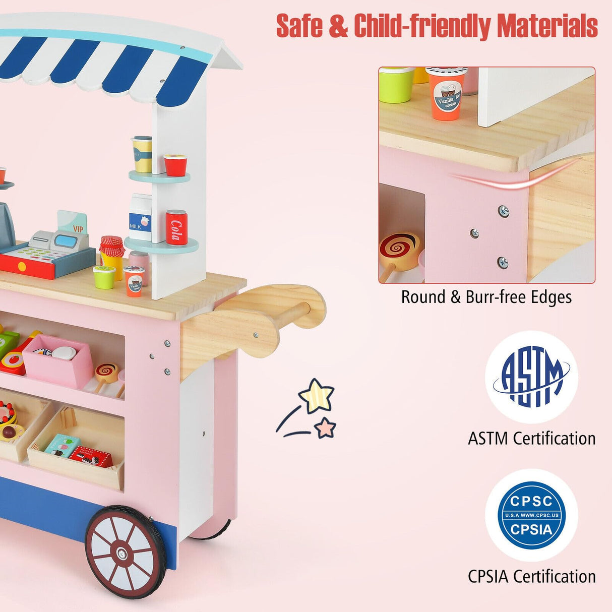 HONEY JOY Wooden Grocery Store Playset, Kids Pretend Role Play Market Stand with Play Food, Beverage Rack