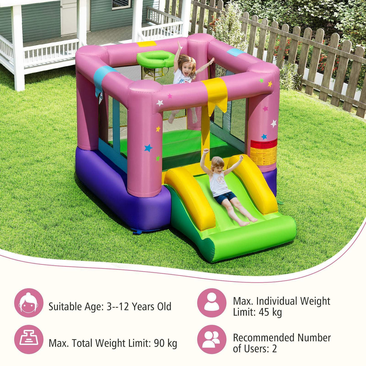 Inflatable Bounce House, Kids Bouncy Castle with Slide & Basketball Rim