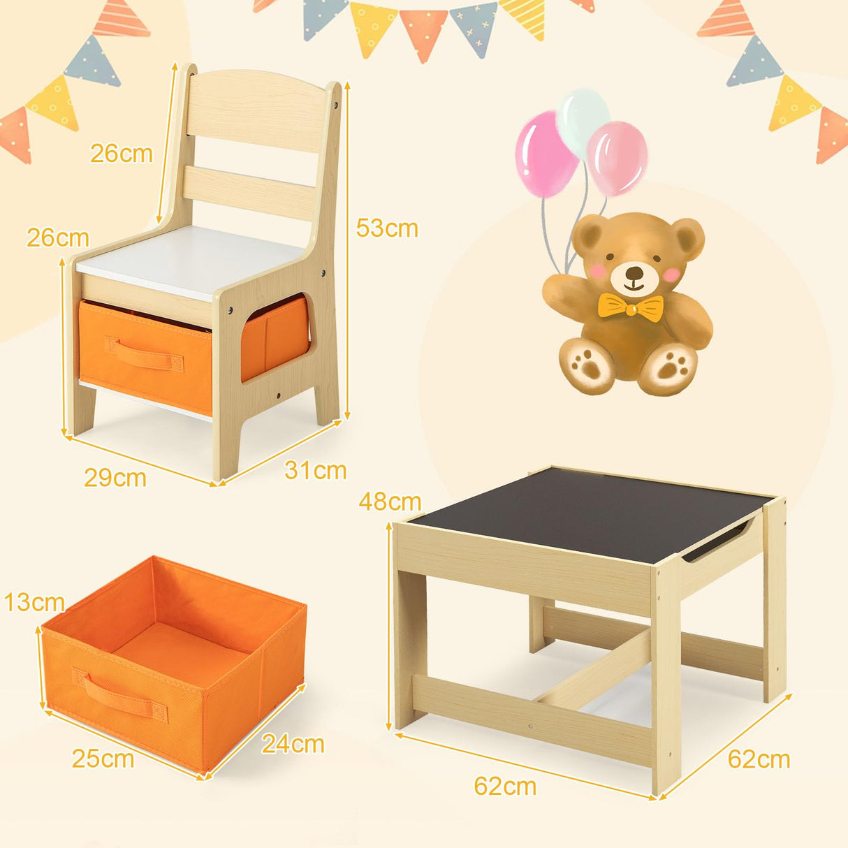 HONEY JOY 3 in 1 Kids Wooden Table & 2 Chair Set