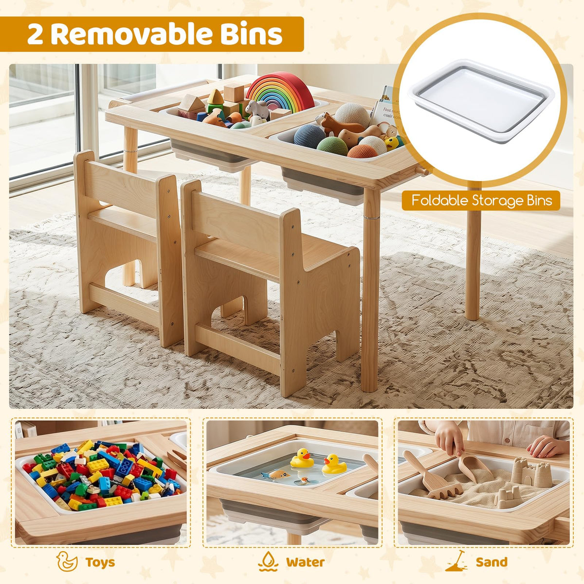 HONEY JOY Kids Sensory Table and Chair Set with Adjustable Height for 3+