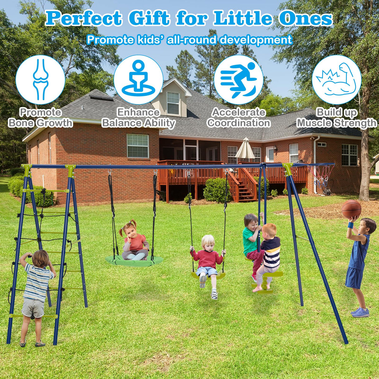 HONEY JOY 6-in-1 Patio Kids Swing Set, A-Shaped Metal Swing Frame